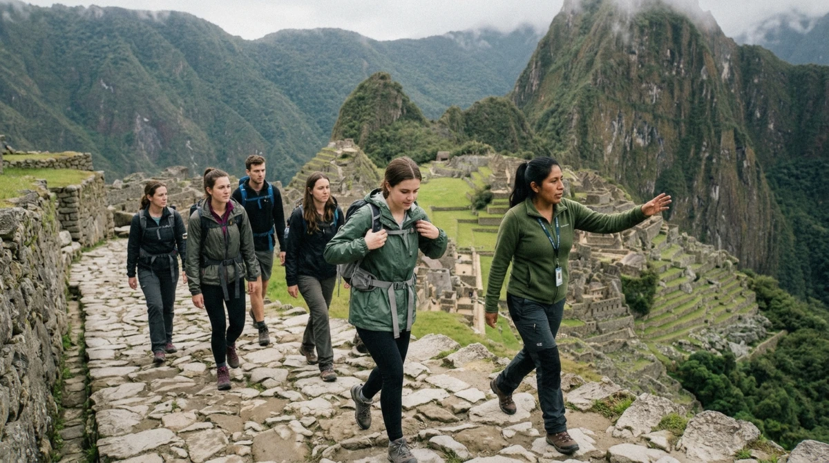 A private guide with a small group on the Machu Picchu terraces